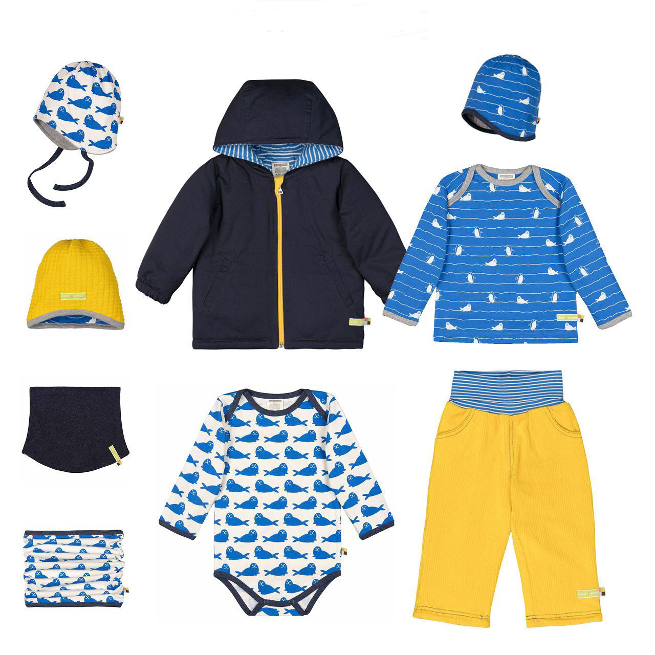 Téli gyerekruha kollekcióötlet kék-sárga összeállítás